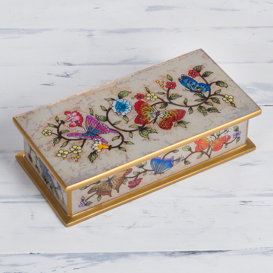 Reverse Painted Glass Butterfly Decorative Box in Off White - Butterfly Jubilee in Antique