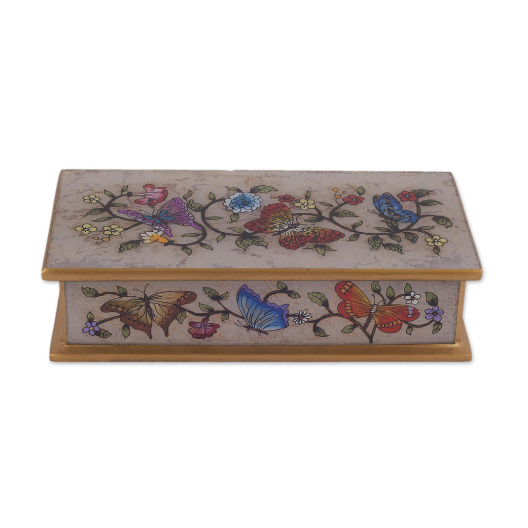 Reverse Painted Glass Butterfly Decorative Box in Off White - Butterfly Jubilee in Antique
