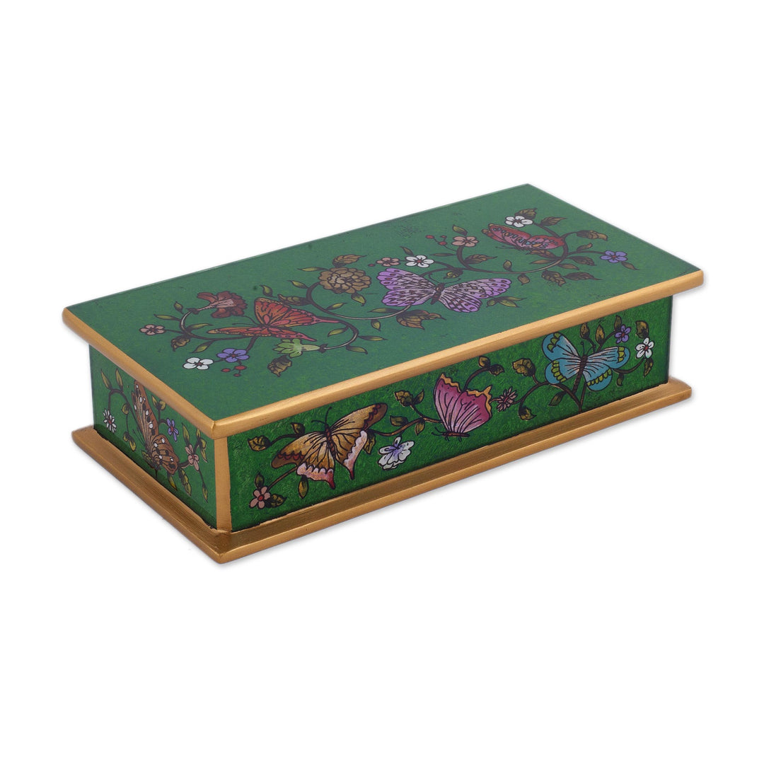 Reverse Painted Glass Butterfly Decorative Box in Emerald - Butterfly Jubilee in Emerald