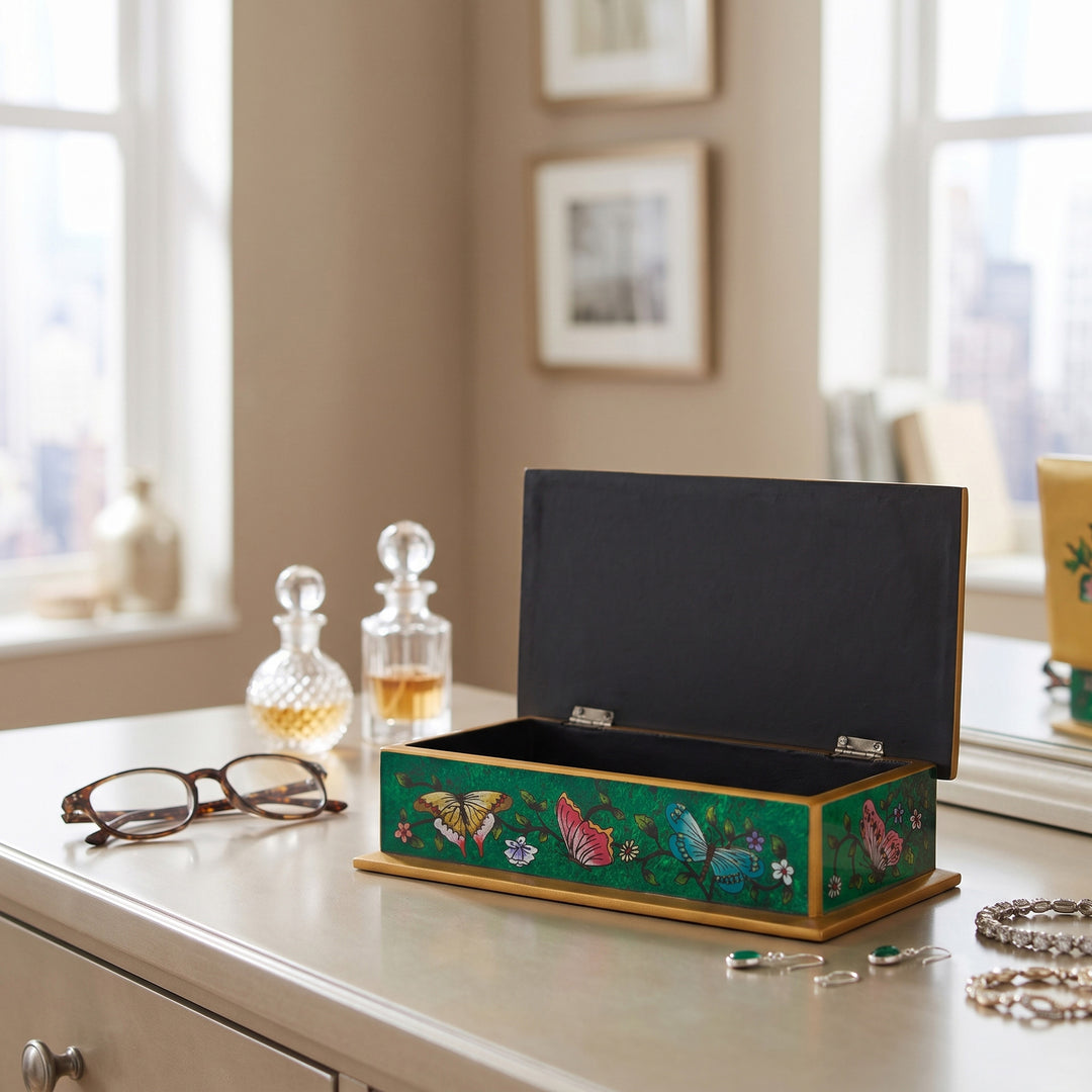 Reverse Painted Glass Butterfly Decorative Box in Emerald - Butterfly Jubilee in Emerald