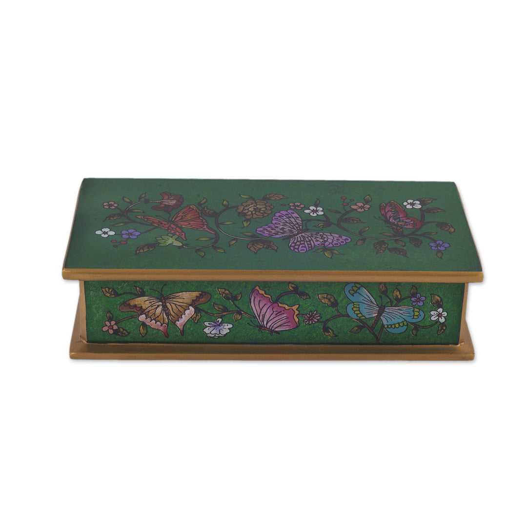 Reverse Painted Glass Butterfly Decorative Box in Emerald - Butterfly Jubilee in Emerald