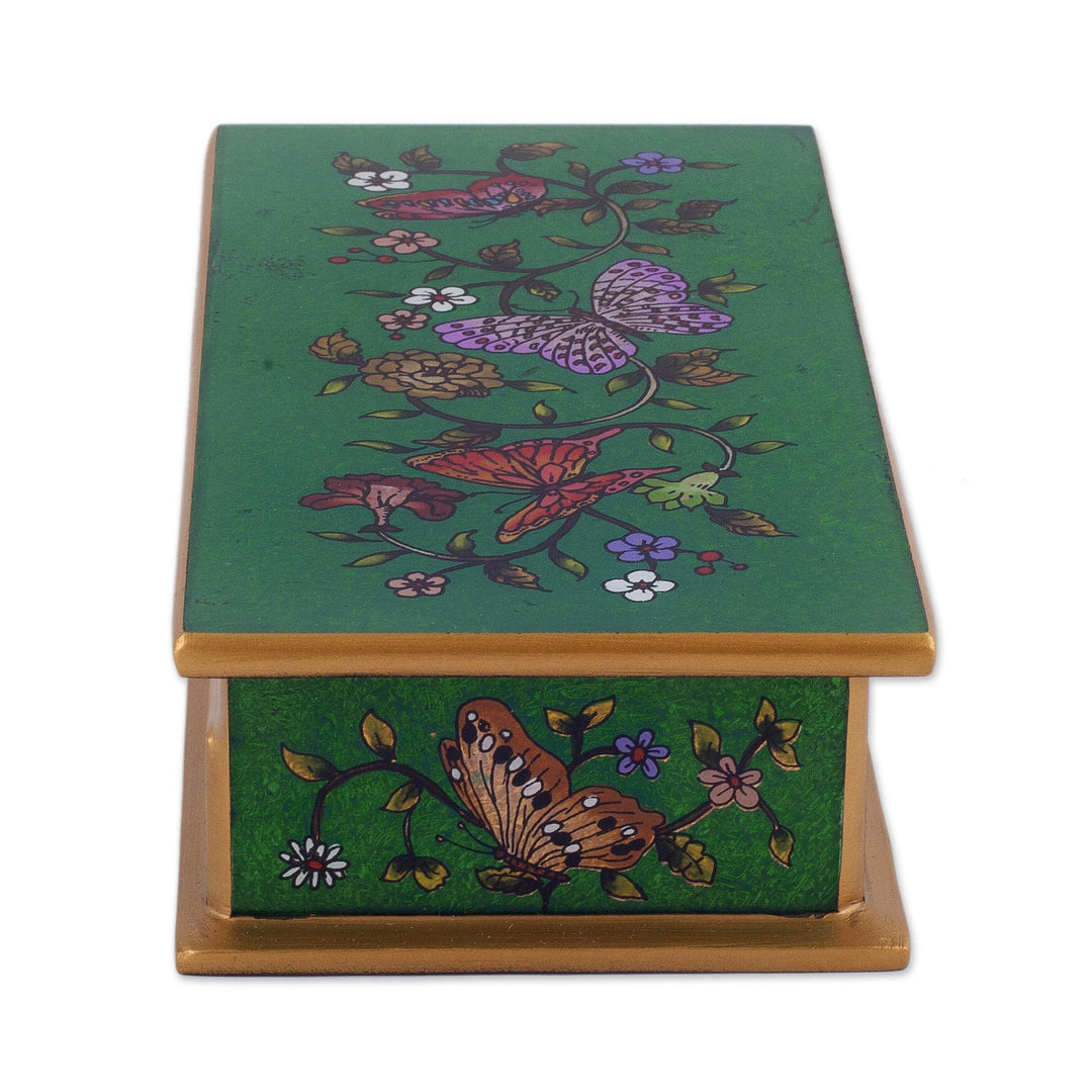 Reverse Painted Glass Butterfly Decorative Box in Emerald - Butterfly Jubilee in Emerald