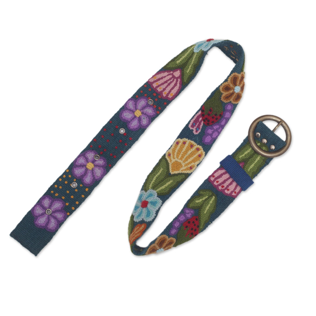 Embroidered Floral Wool Belt in Teal from Peru - Garden Fashion in Teal