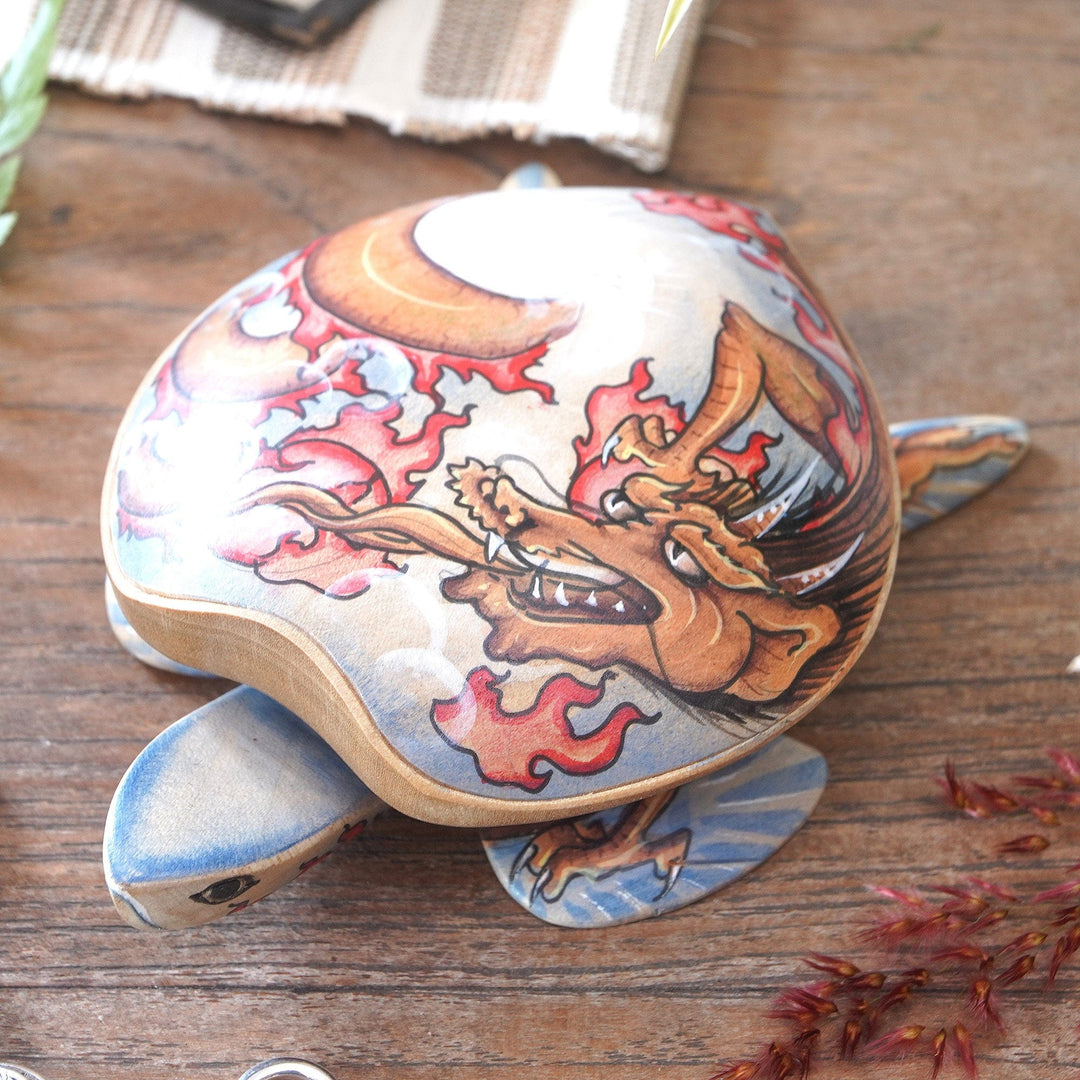Wooden Turtle Jewelry Box with Hand-Painted Dragon Design - Dragon-Hearted Turtle