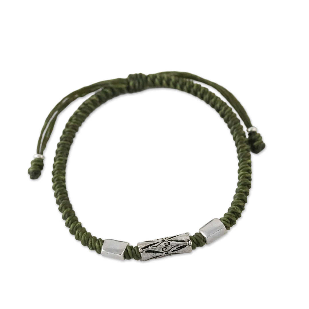 Hand Braided Olive Cord Bracelet with Silver Pendants - Karen Triangle in Olive
