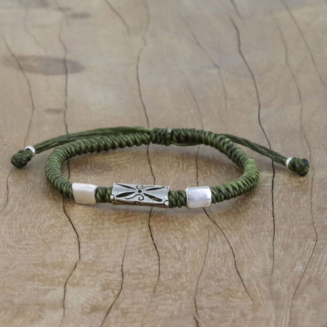 Hand Braided Olive Cord Bracelet with Silver Pendants - Karen Triangle in Olive