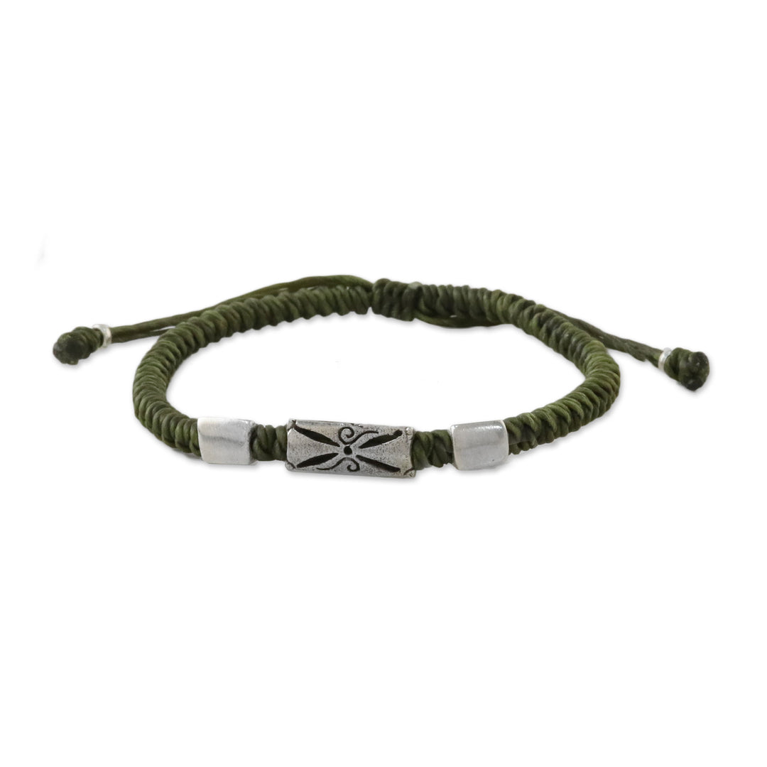 Hand Braided Olive Cord Bracelet with Silver Pendants - Karen Triangle in Olive