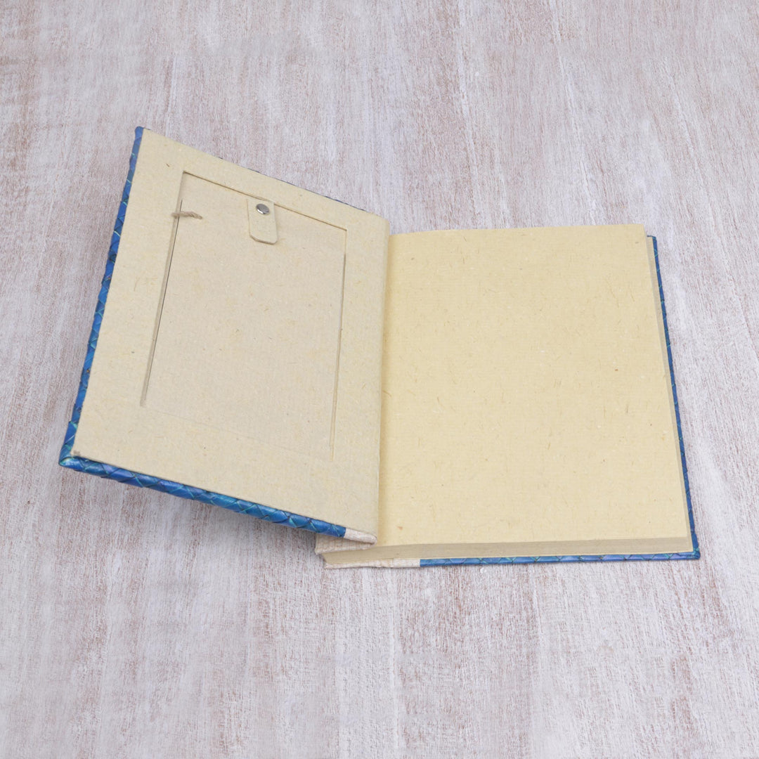 Hand-Woven Pandan Leaf Journal with Photo Cover in Blue - Woven Memories in Blue