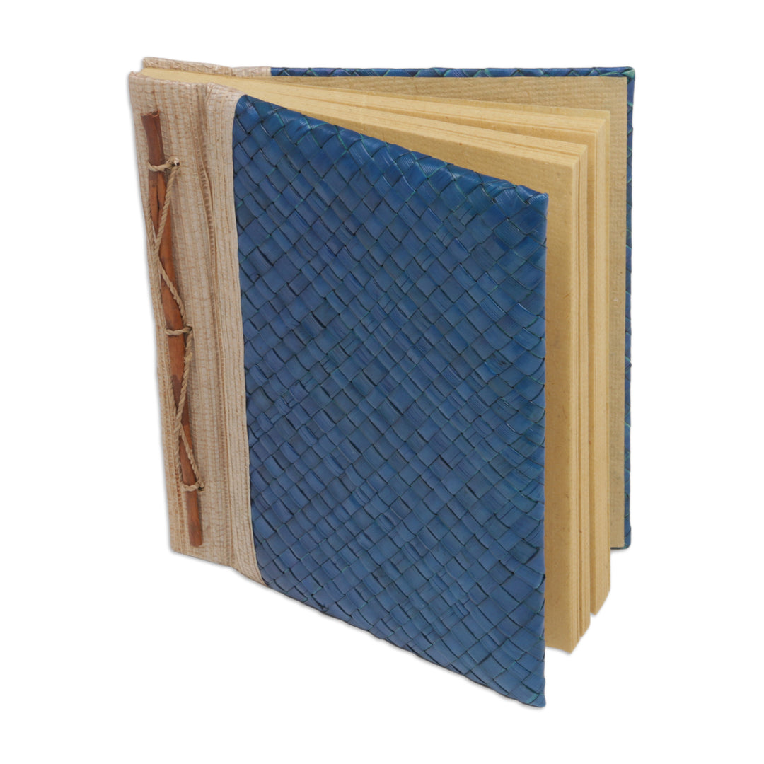 Artisan Hand-woven Pandan Leaf Journal in Blue from Bali - Happy Weaver in Blue