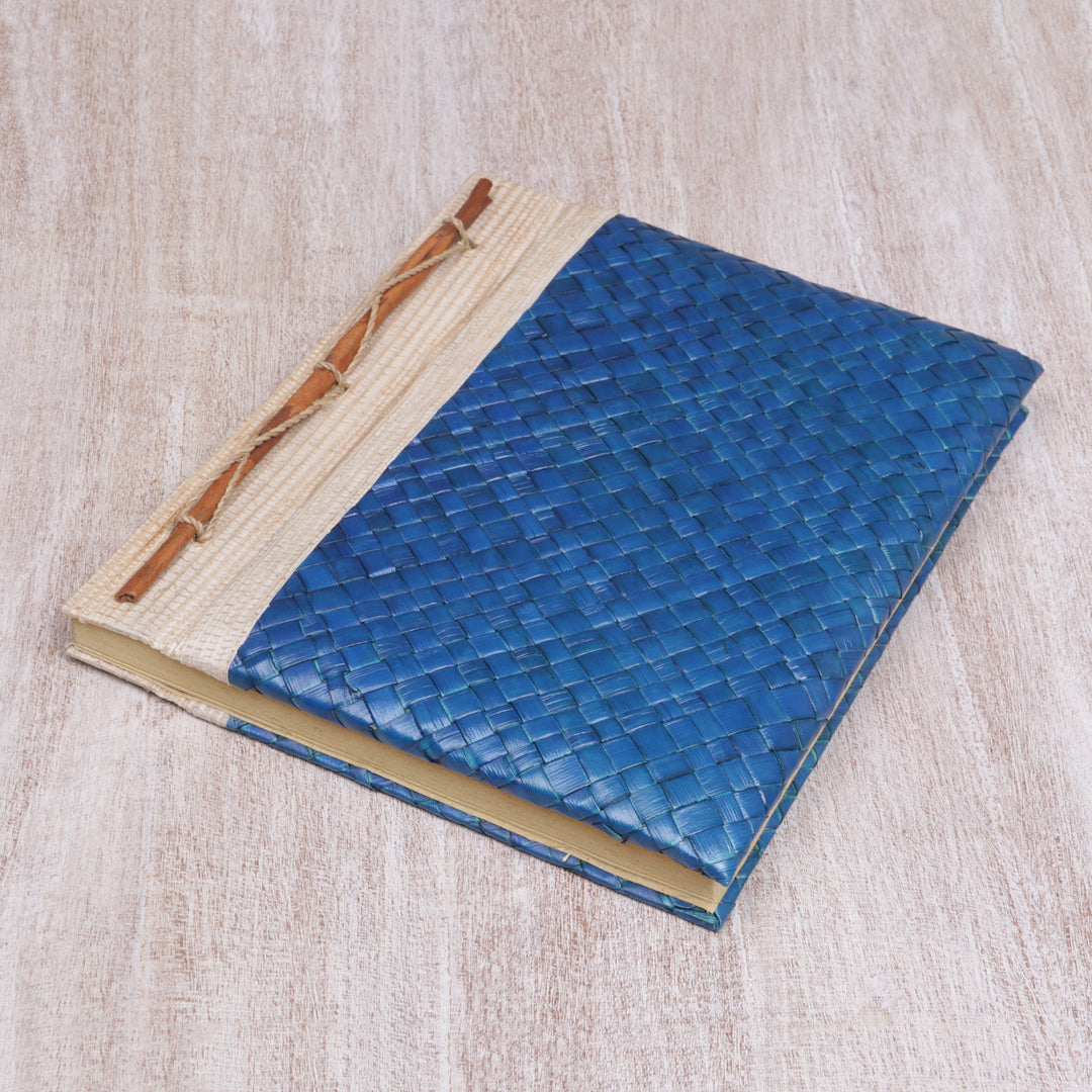 Artisan Hand-woven Pandan Leaf Journal in Blue from Bali - Happy Weaver in Blue
