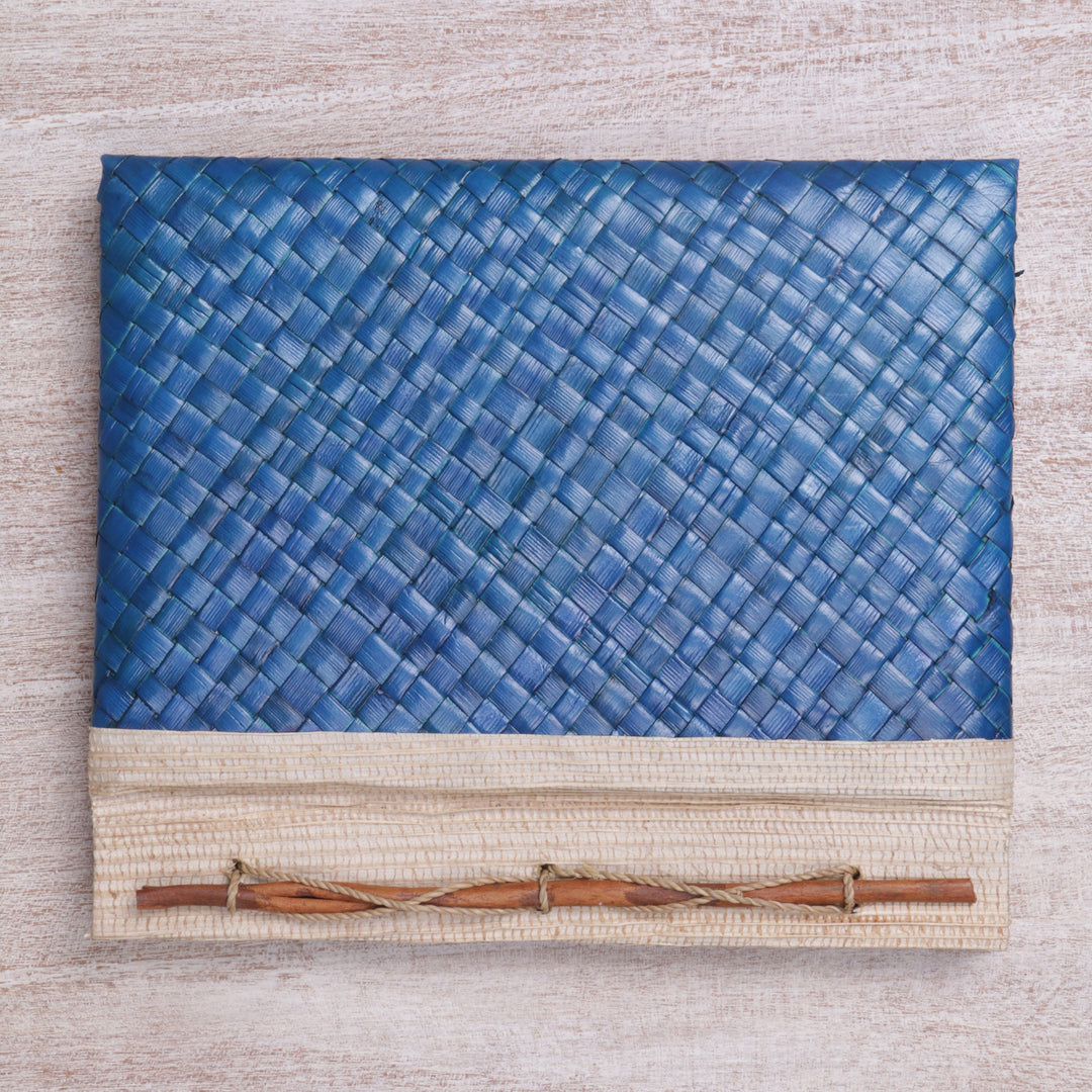 Artisan Hand-woven Pandan Leaf Journal in Blue from Bali - Happy Weaver in Blue