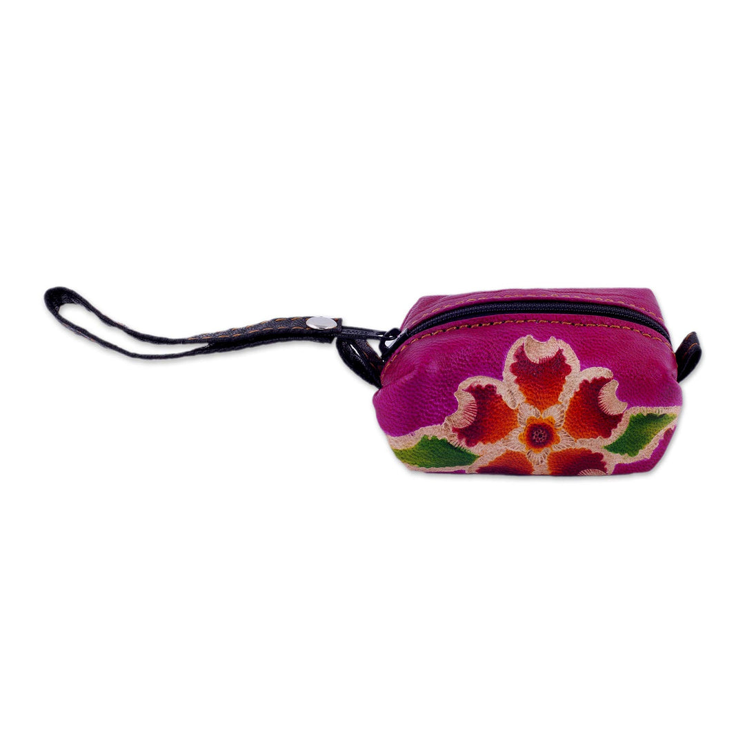 Handcrafted Floral Leather Coin Purse in Cerise - Passionate Flower