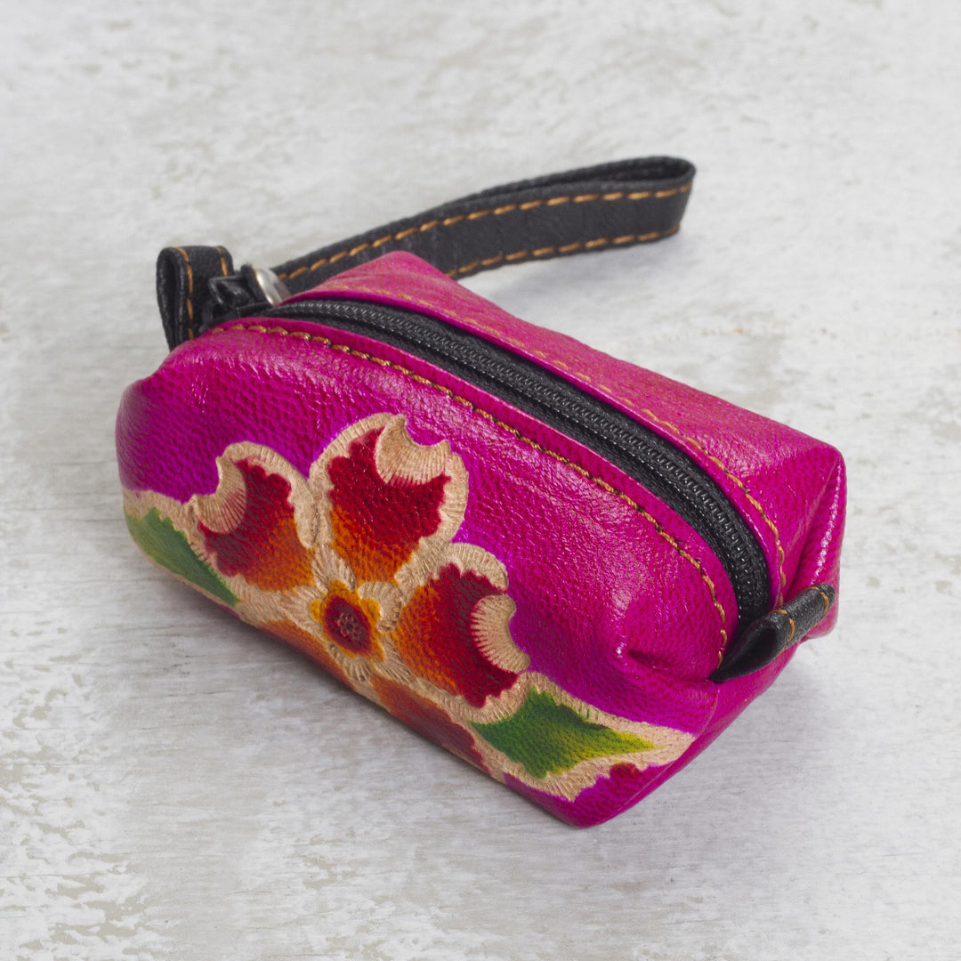 Handcrafted Floral Leather Coin Purse in Cerise - Passionate Flower