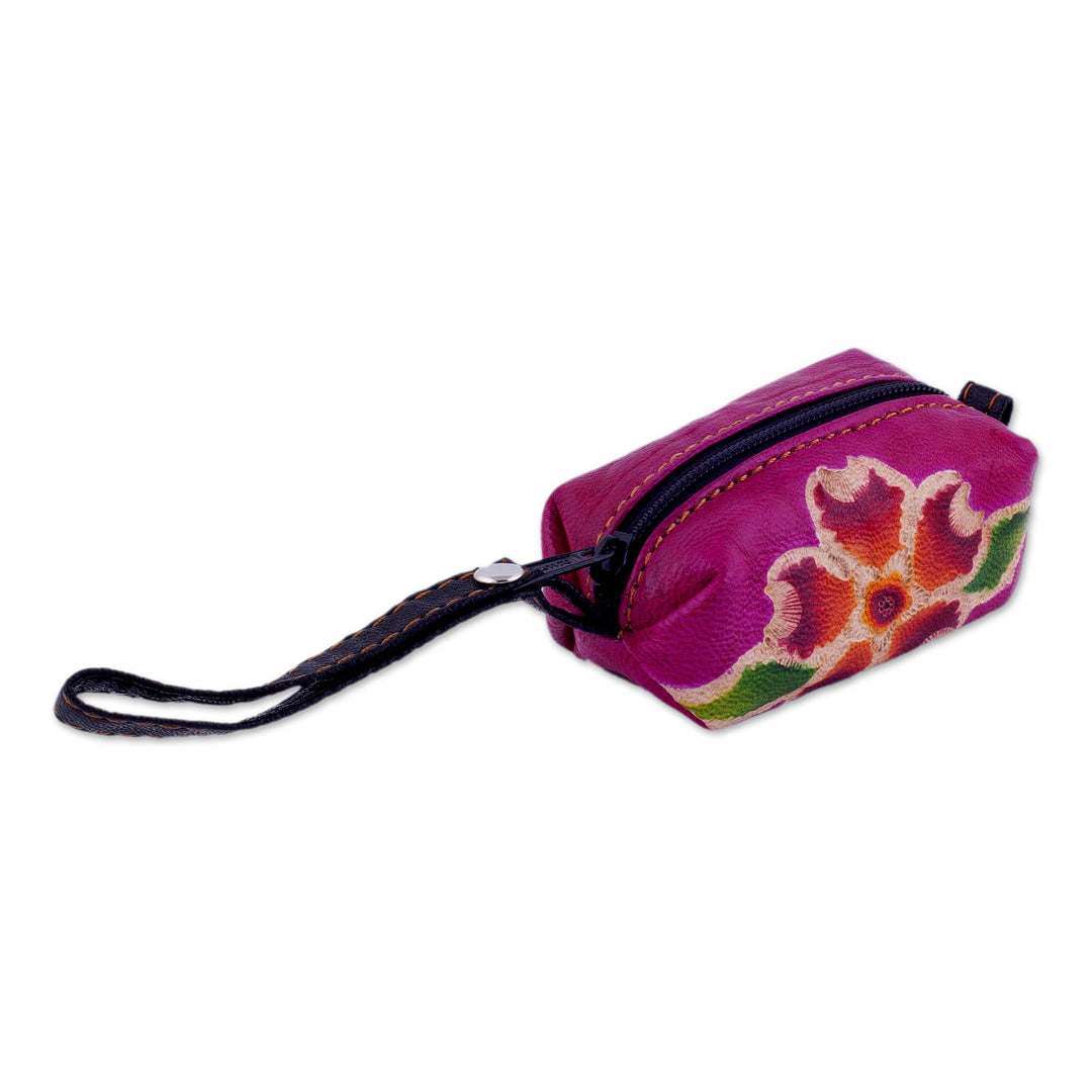 Handcrafted Floral Leather Coin Purse in Cerise - Passionate Flower
