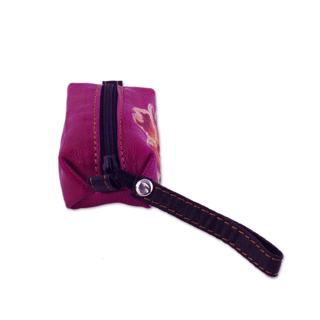 Handcrafted Floral Leather Coin Purse in Cerise - Passionate Flower