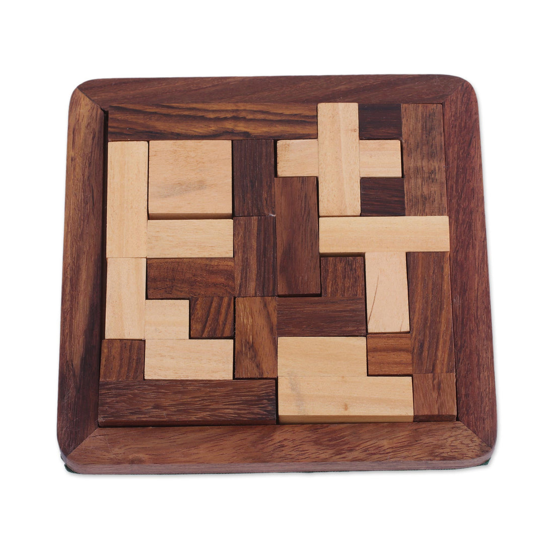 Handcrafted Wood Puzzle in Brown and Beige from India - Mental Challenge