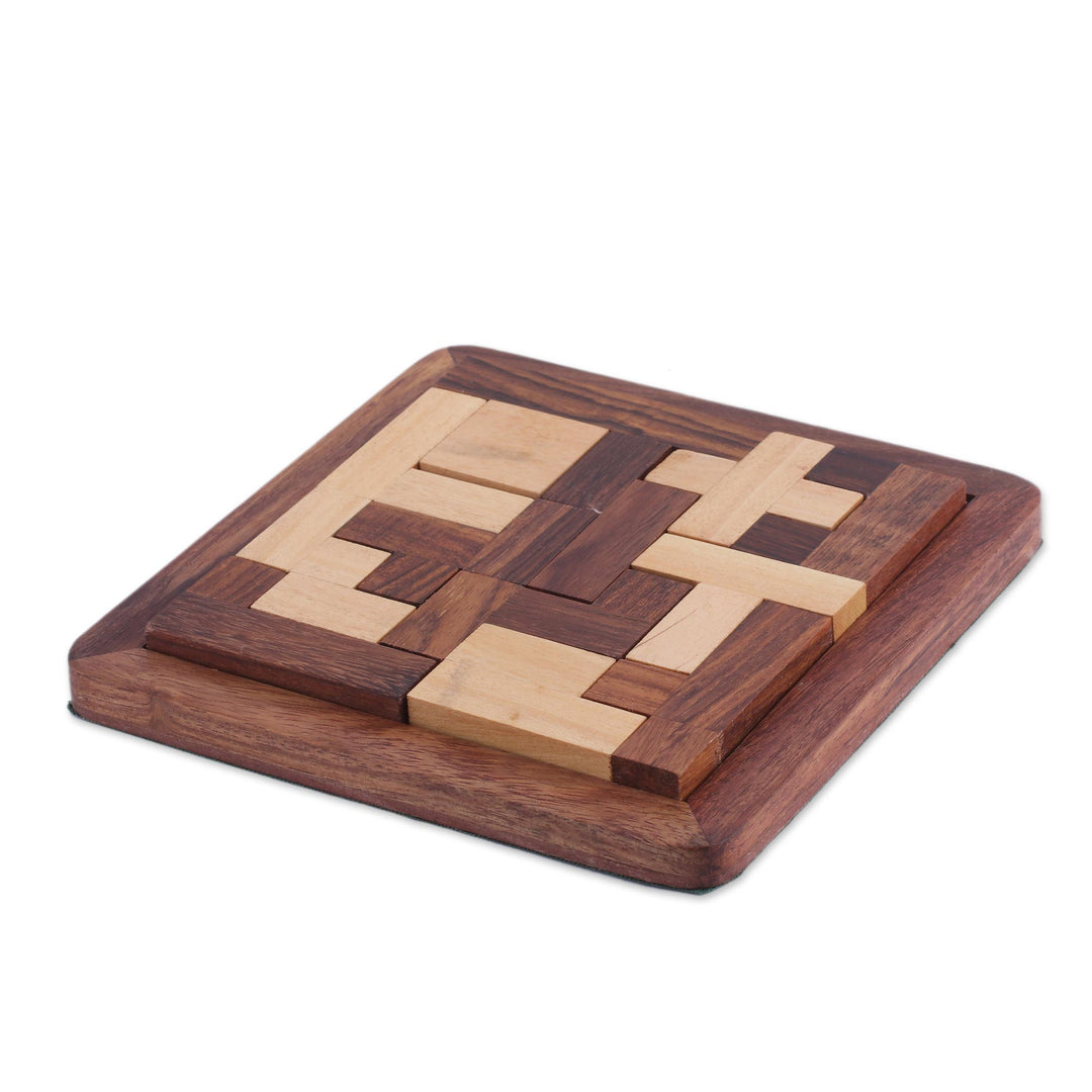 Handcrafted Wood Puzzle in Brown and Beige from India - Mental Challenge