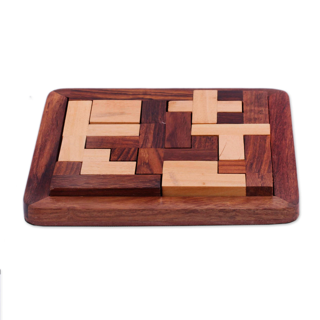 Handcrafted Wood Puzzle in Brown and Beige from India - Mental Challenge