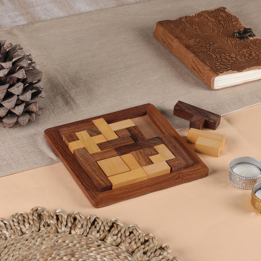 Handcrafted Wood Puzzle in Brown and Beige from India - Mental Challenge