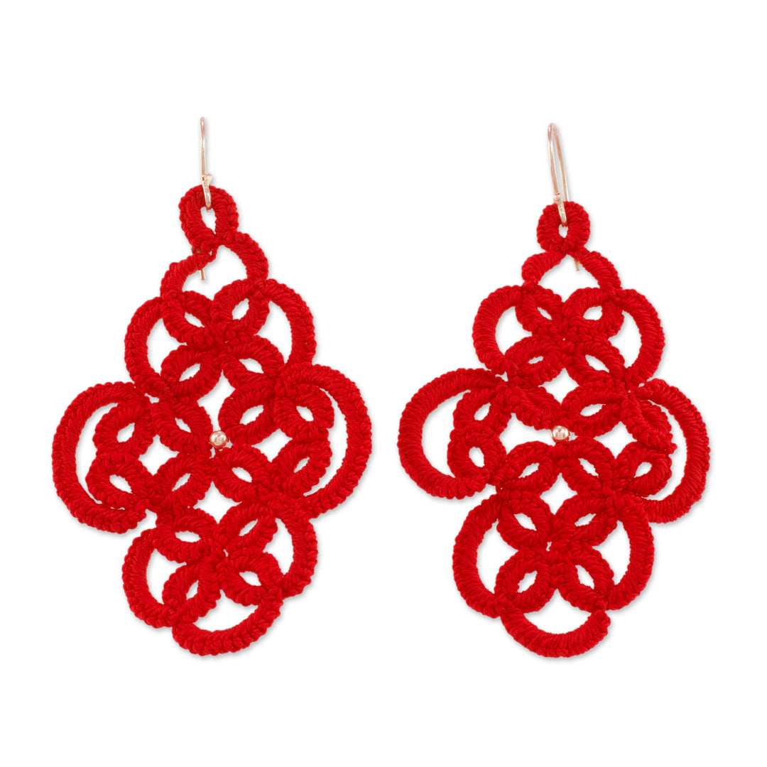 Hand-Tatted Dangle Earrings in Poppy from Guatemala - Passion For History