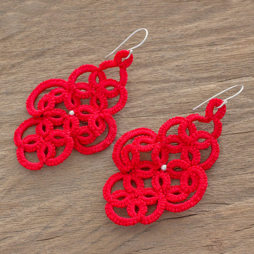 Hand-Tatted Dangle Earrings in Poppy from Guatemala - Passion For History