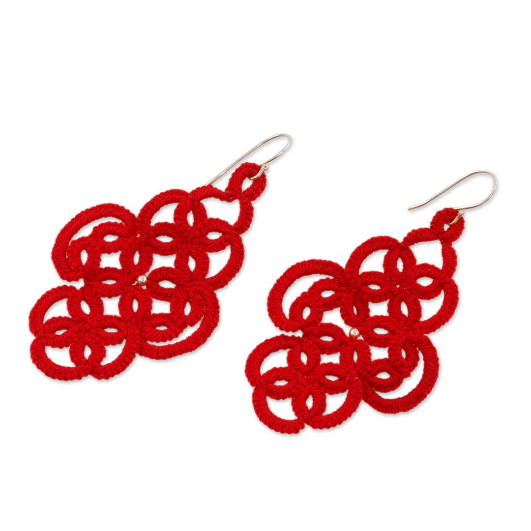 Hand-Tatted Dangle Earrings in Poppy from Guatemala - Passion For History