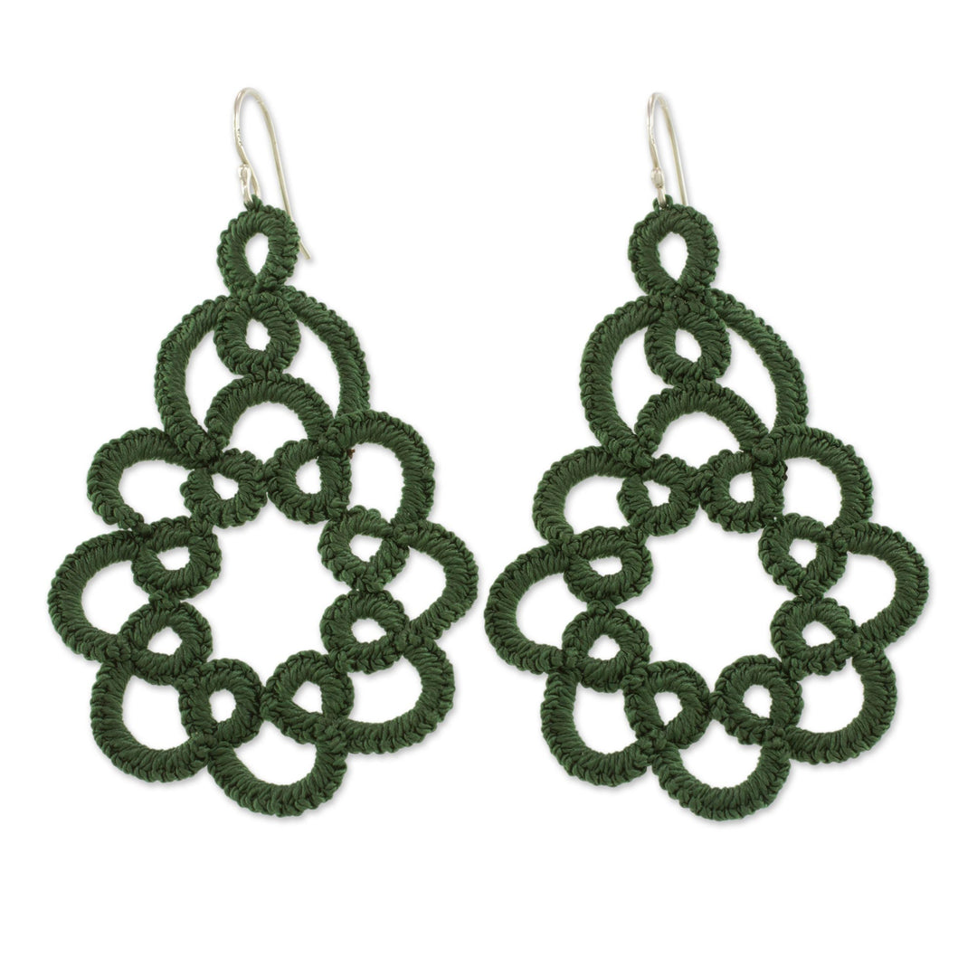 Hand-Tatted Dangle Earrings in Green from Guatemala - Beauty of the Forest