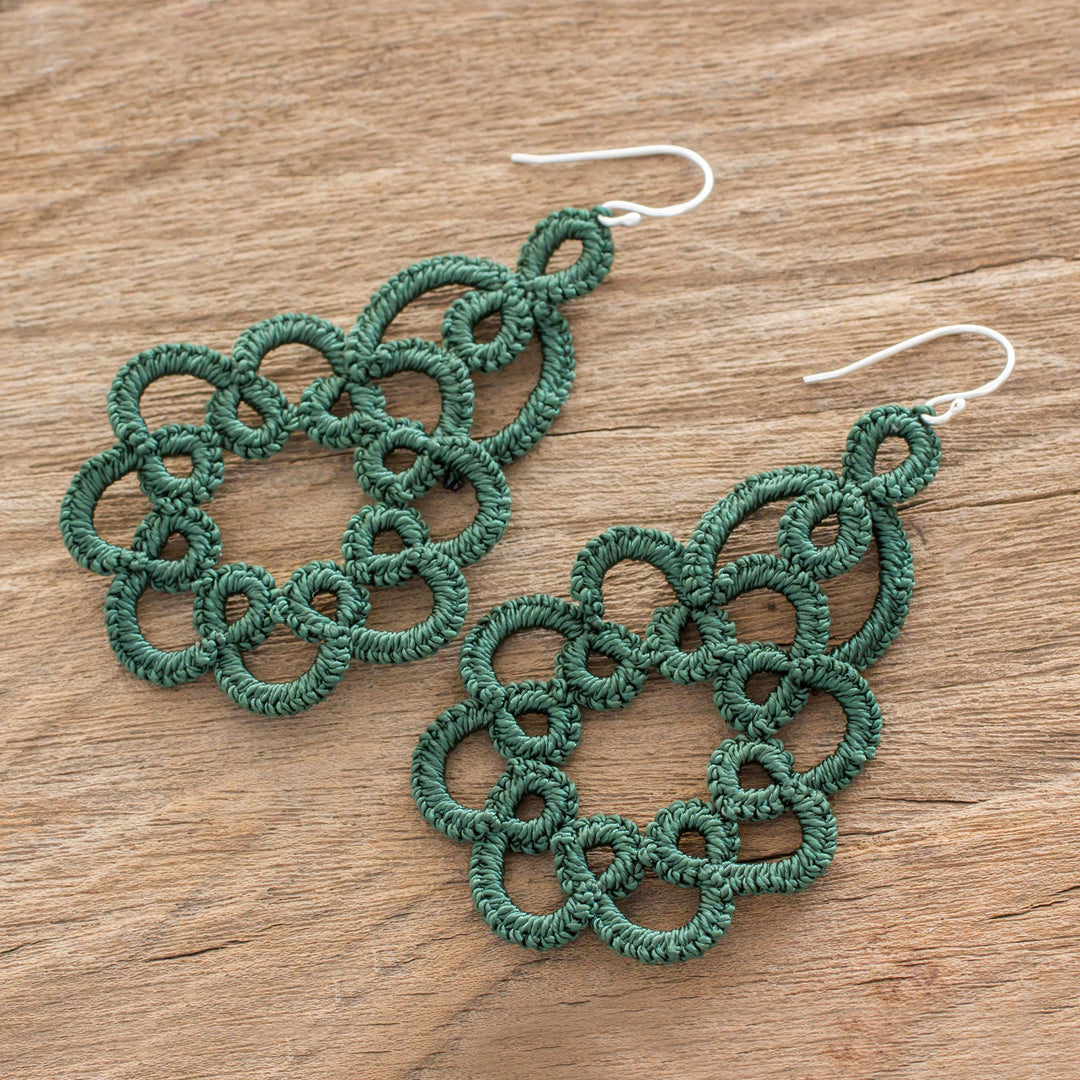 Hand-Tatted Dangle Earrings in Green from Guatemala - Beauty of the Forest