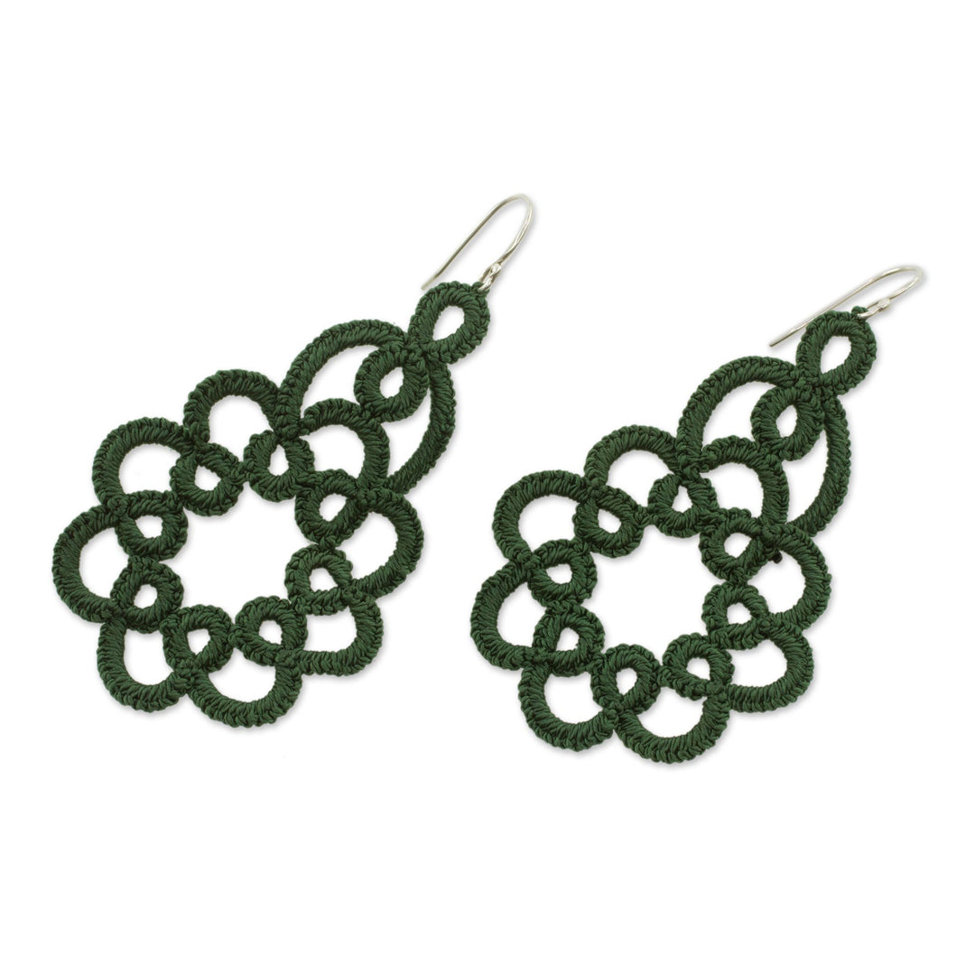Hand-Tatted Dangle Earrings in Green from Guatemala - Beauty of the Forest