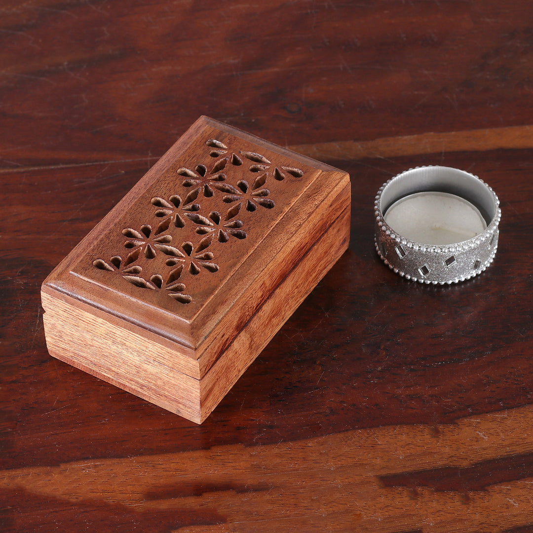 Handcrafted Floral Wood Decorative Box from India - Floral Subtlety