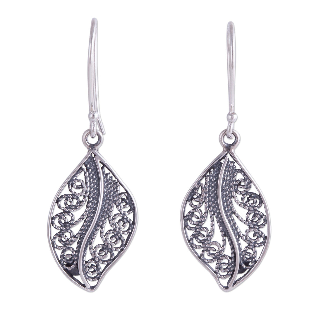 Sterling Silver Filigree Leaf Dangle Earrings from Peru - Spiraling Veins