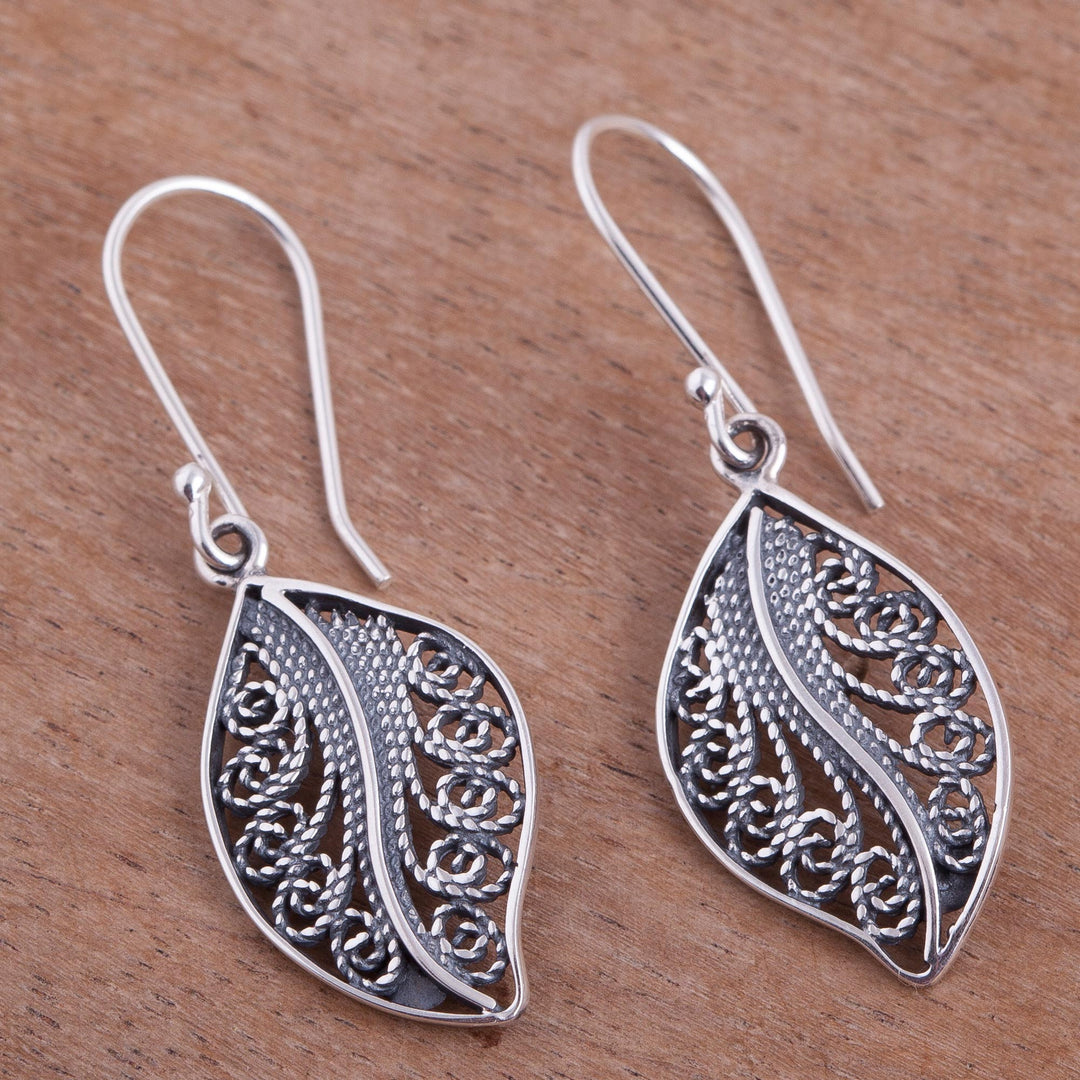 Sterling Silver Filigree Leaf Dangle Earrings from Peru - Spiraling Veins