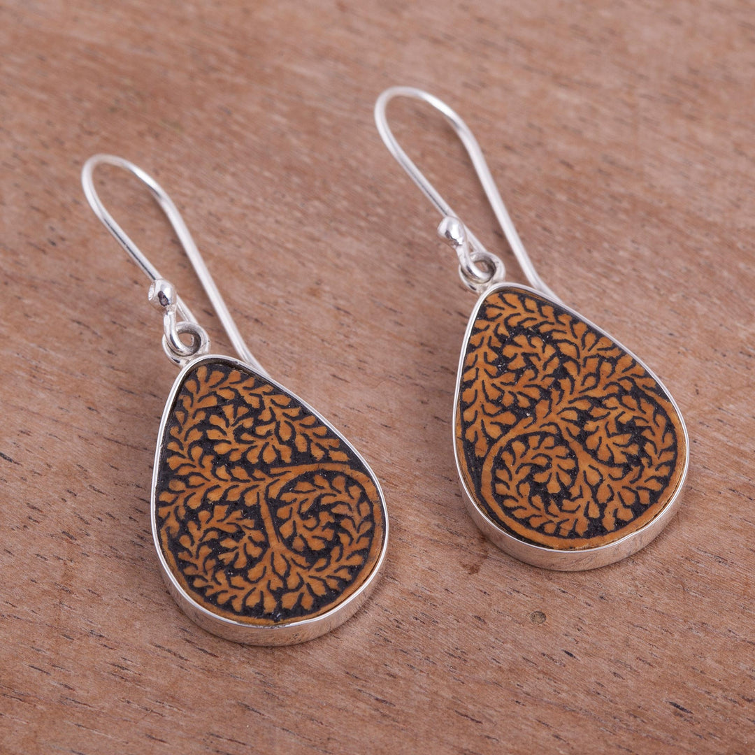 Leafy Sterling Silver and Pumpkin Shell Earrings from Peru - Enchanted Copse
