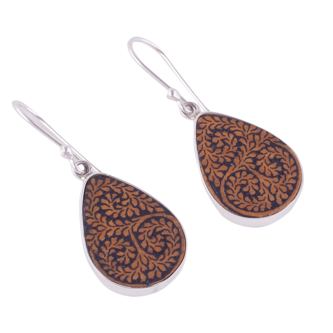Leafy Sterling Silver and Pumpkin Shell Earrings from Peru - Enchanted Copse