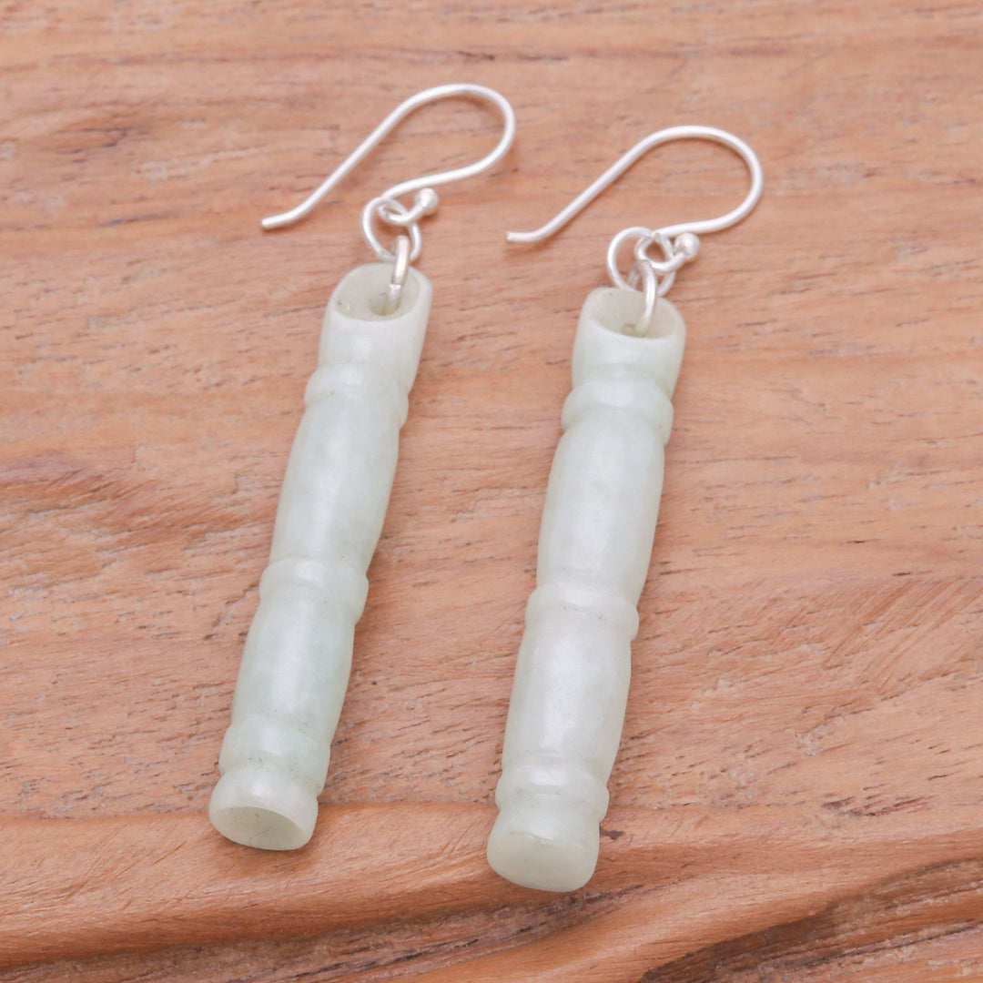 Thai Artisan Pale Green Jade Bamboo Dangle Earrings - Enlightenment
