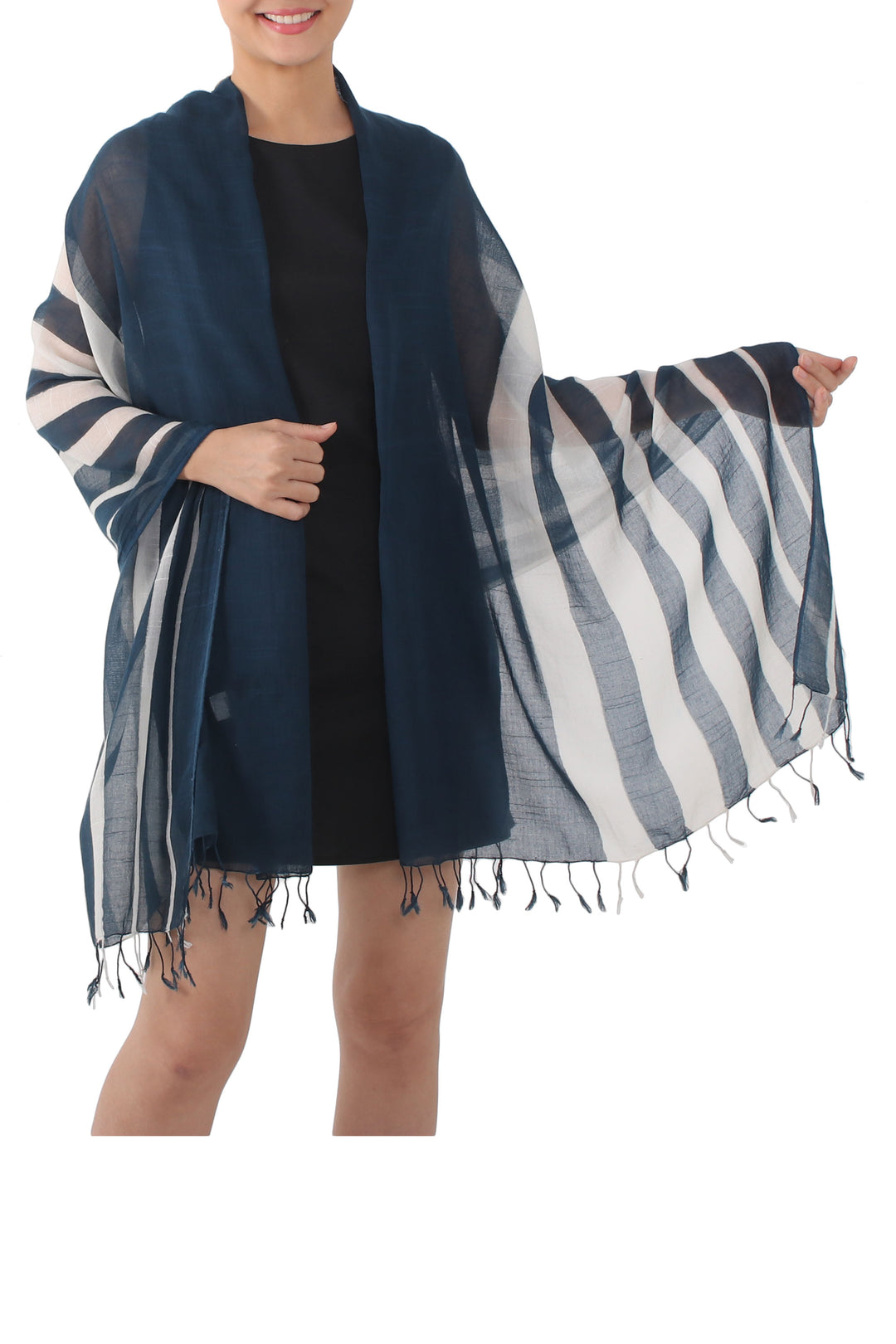 Handwoven Striped Cotton Shawl in Navy from Thailand - Cool Stripes in Navy