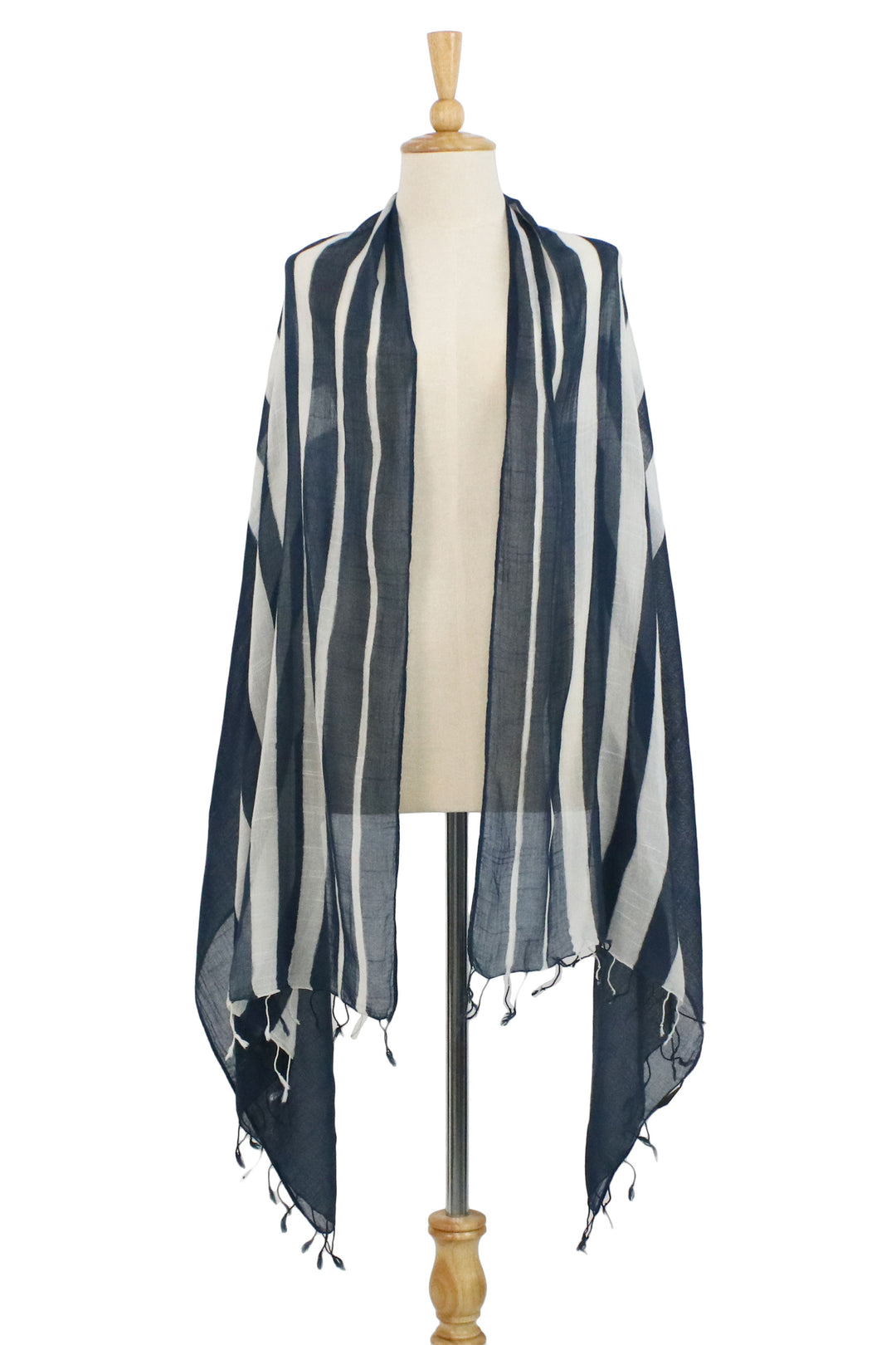 Handwoven Striped Cotton Shawl in Navy from Thailand - Cool Stripes in Navy