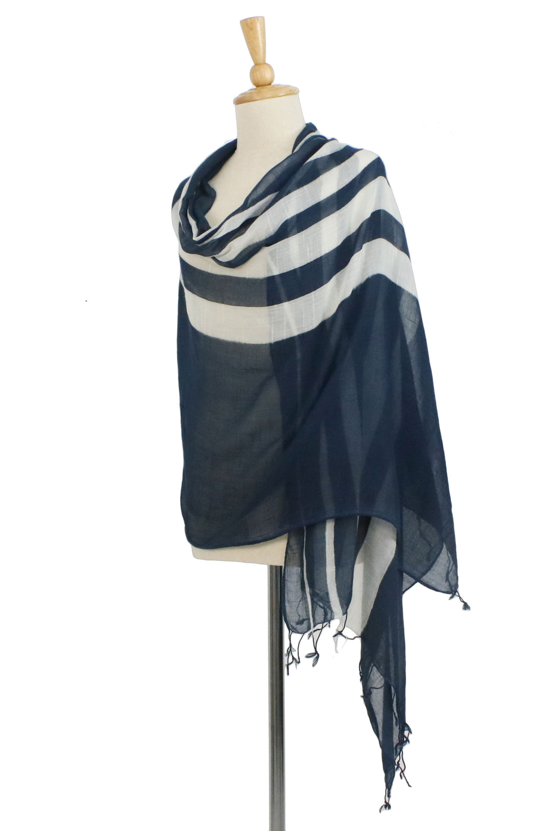 Handwoven Striped Cotton Shawl in Navy from Thailand - Cool Stripes in Navy