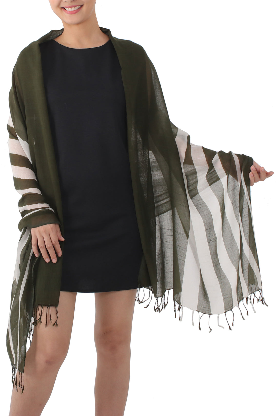 Handwoven Striped Cotton Shawl in Olive from Thailand - Cool Stripes in Olive