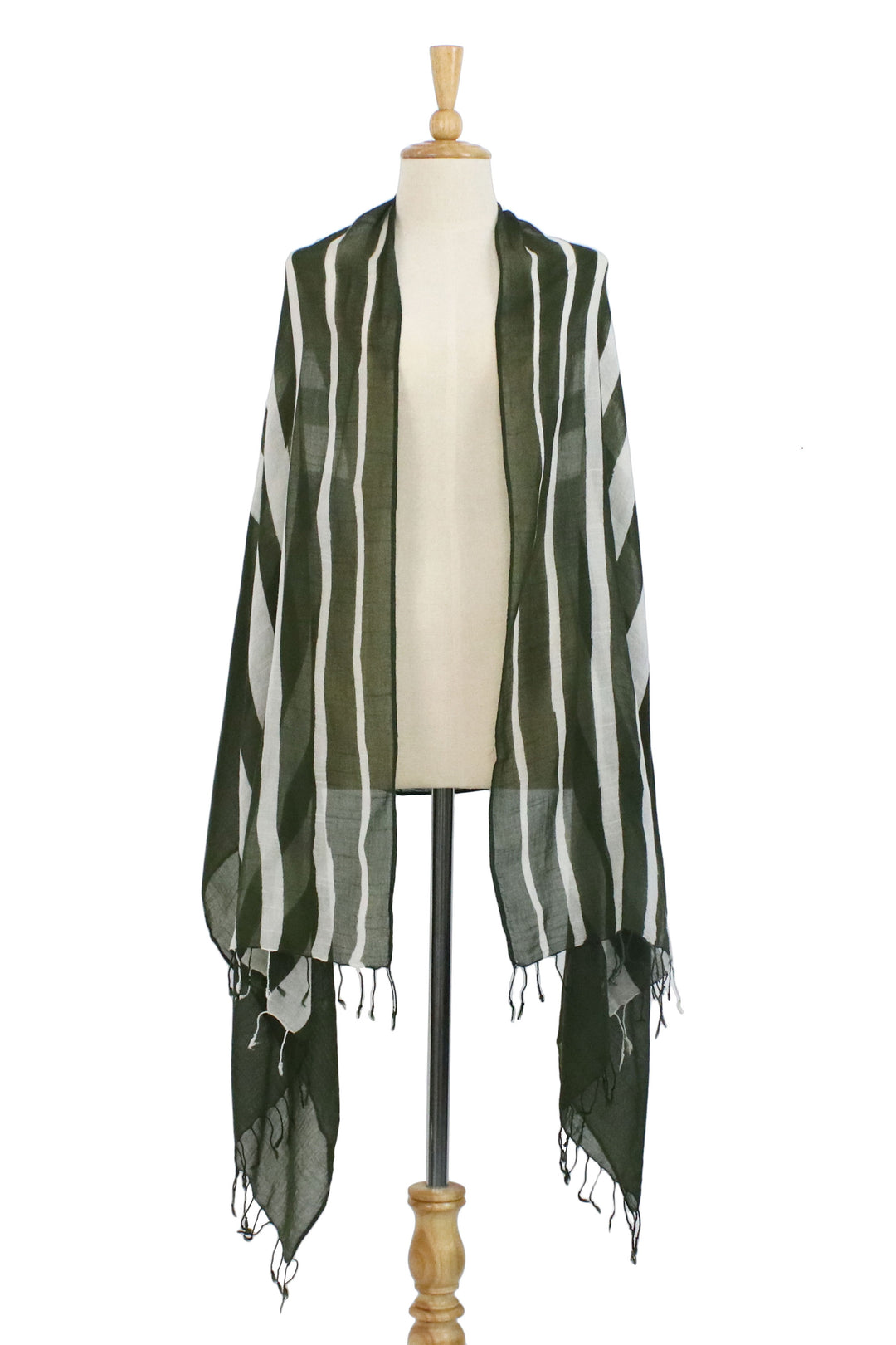Handwoven Striped Cotton Shawl in Olive from Thailand - Cool Stripes in Olive