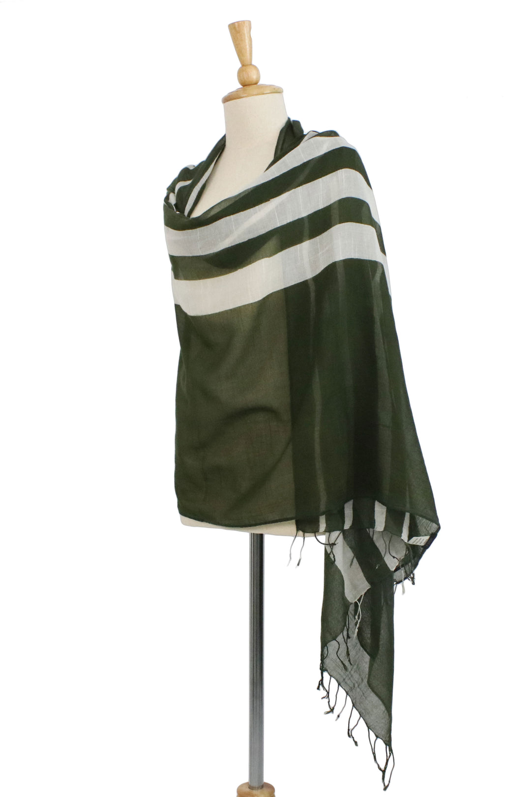 Handwoven Striped Cotton Shawl in Olive from Thailand - Cool Stripes in Olive