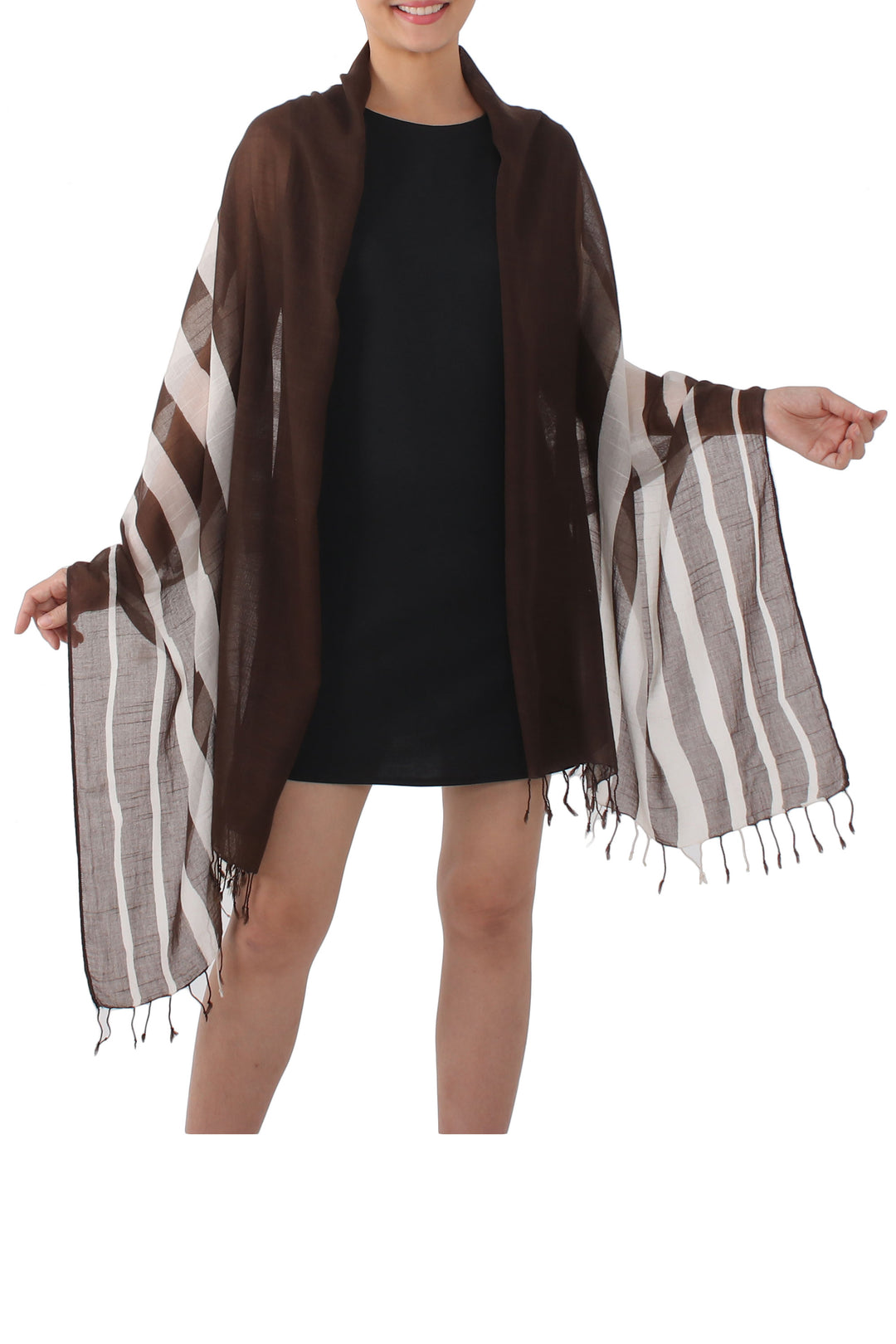 Handwoven Striped Cotton Shawl in Espresso from Thailand - Cool Stripes in Espresso