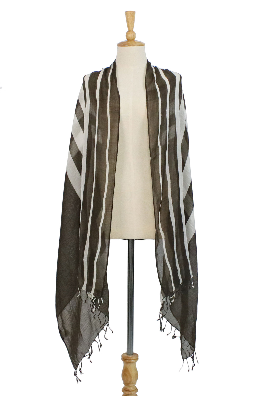 Handwoven Striped Cotton Shawl in Espresso from Thailand - Cool Stripes in Espresso
