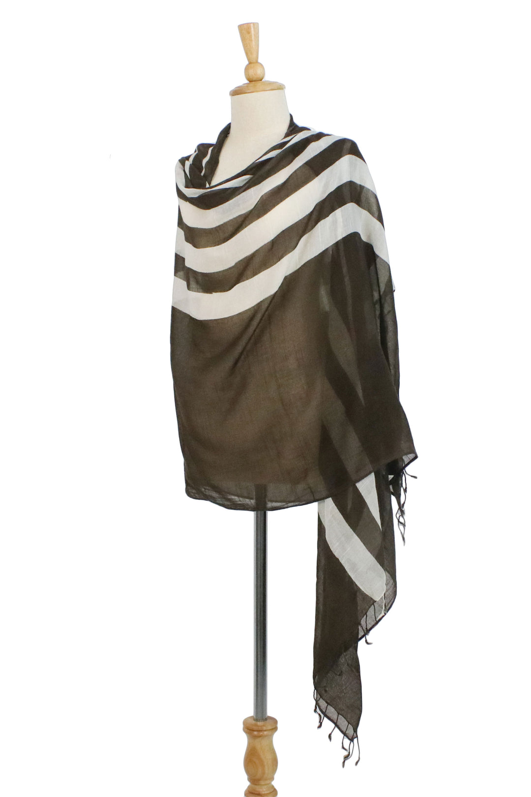 Handwoven Striped Cotton Shawl in Espresso from Thailand - Cool Stripes in Espresso