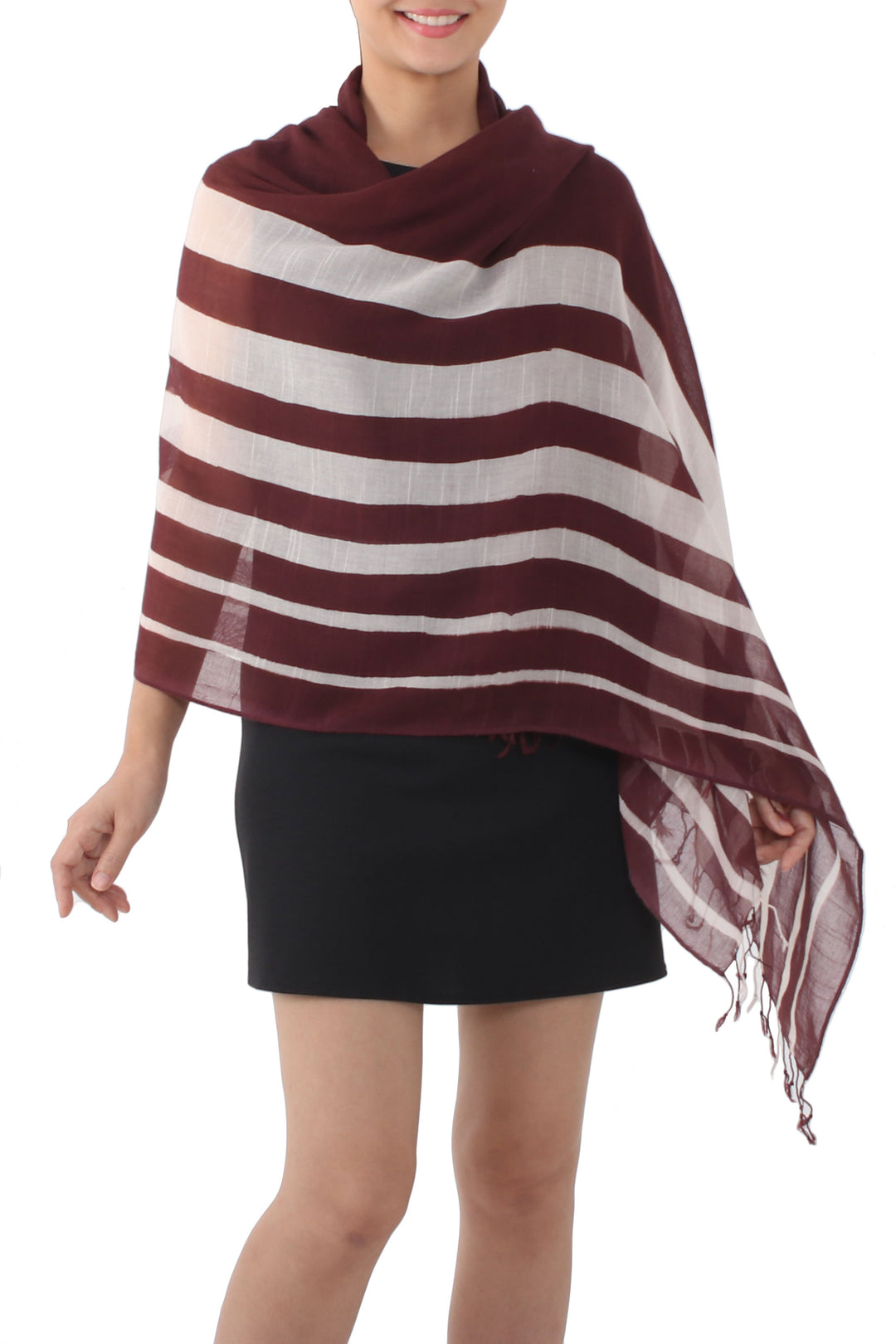 Handwoven Striped Cotton Shawl in Maroon from Thailand - Cool Stripes in Maroon