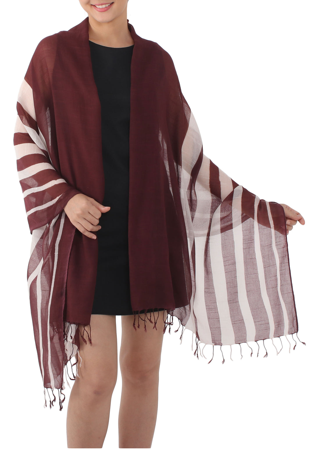 Handwoven Striped Cotton Shawl in Maroon from Thailand - Cool Stripes in Maroon