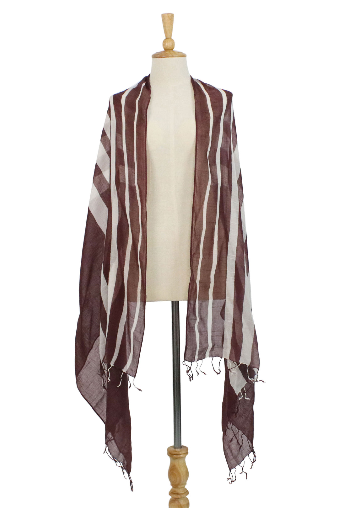 Handwoven Striped Cotton Shawl in Maroon from Thailand - Cool Stripes in Maroon