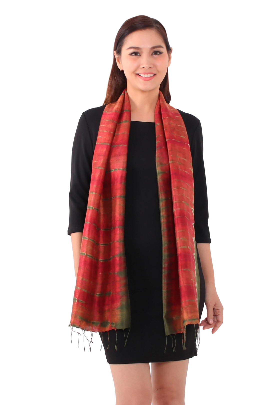 Tie-Dyed Silk Scarf in Claret and Avocado from Thailand - Macaw Colors