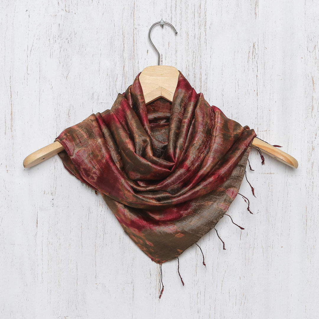 Tie-Dyed Silk Scarf in Claret and Avocado from Thailand - Macaw Colors