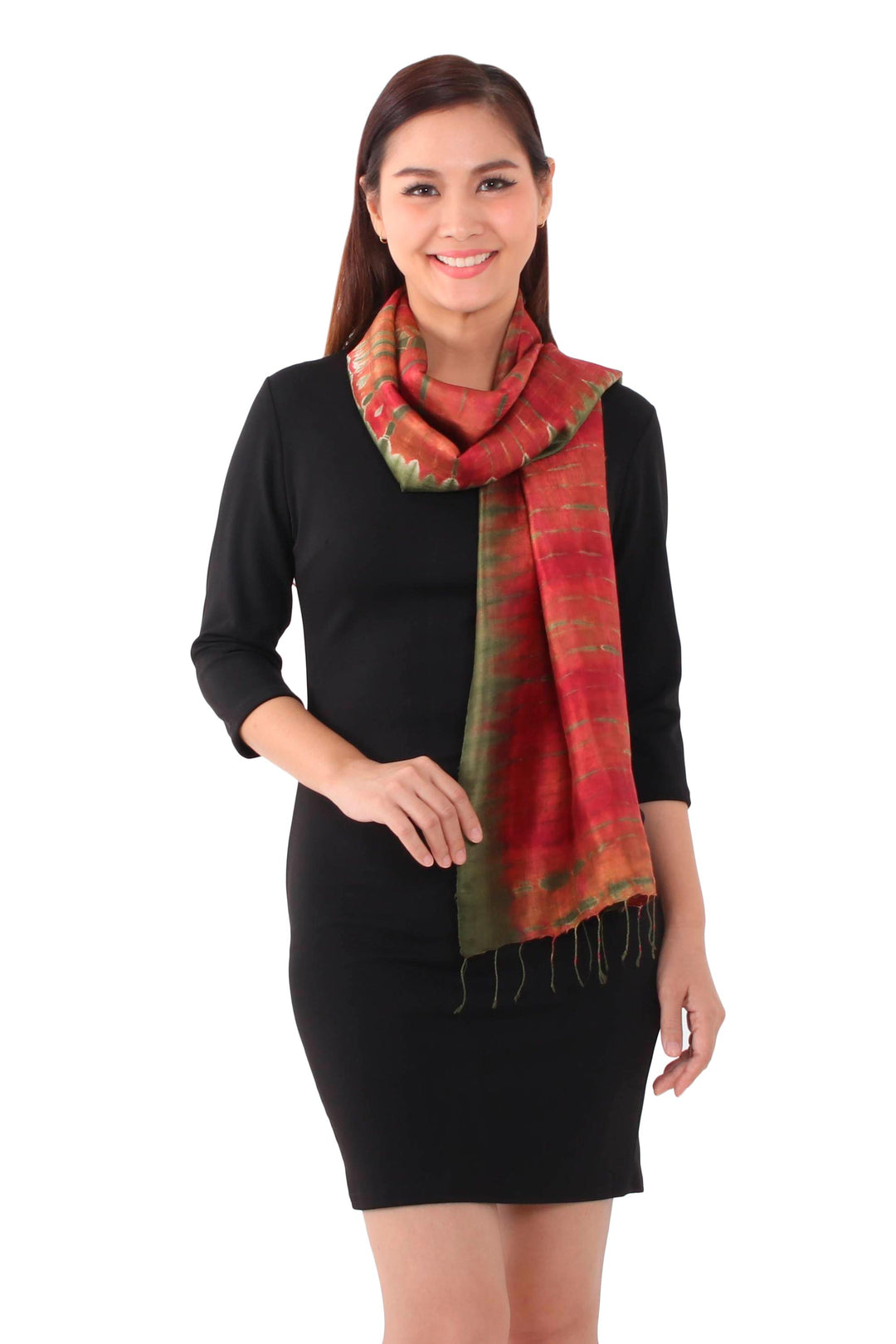 Tie-Dyed Silk Scarf in Claret and Avocado from Thailand - Macaw Colors